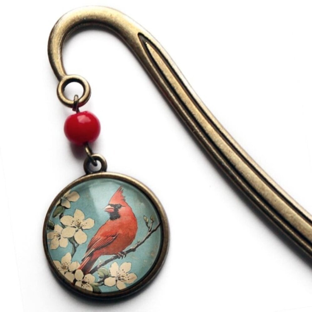 Vintage Cardinal Bookmark -‎ Bronze and Glass Cabochon Nature & Bird Book Hook